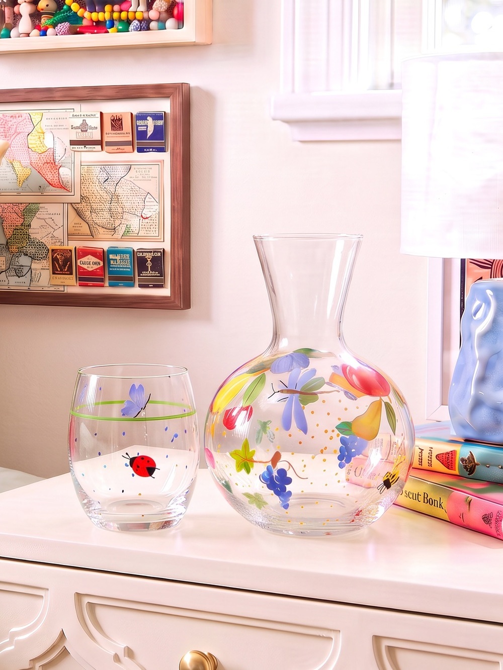 Royal Danube hand painted crystal tumble up bedside water carafe set Dopamine